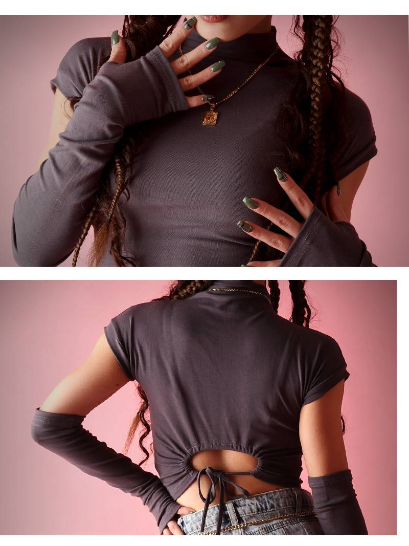 ボムシェル bombshell 長袖カットソー 無地 アームウォーマー付き バックカット 半袖 Tシャツ 背中見せ セクシー カットソー 無地インポート ちびT Bbomb