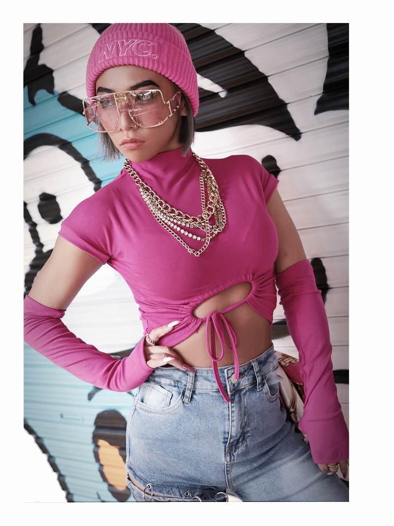 ボムシェル bombshell 長袖カットソー 無地 アームウォーマー付き バックカット 半袖 Tシャツ 背中見せ セクシー カットソー 無地インポート ちびT Bbomb