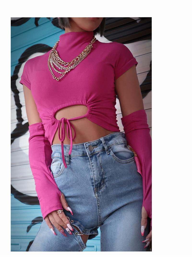 ボムシェル bombshell 長袖カットソー 無地 アームウォーマー付き バックカット 半袖 Tシャツ 背中見せ セクシー カットソー 無地インポート ちびT Bbomb