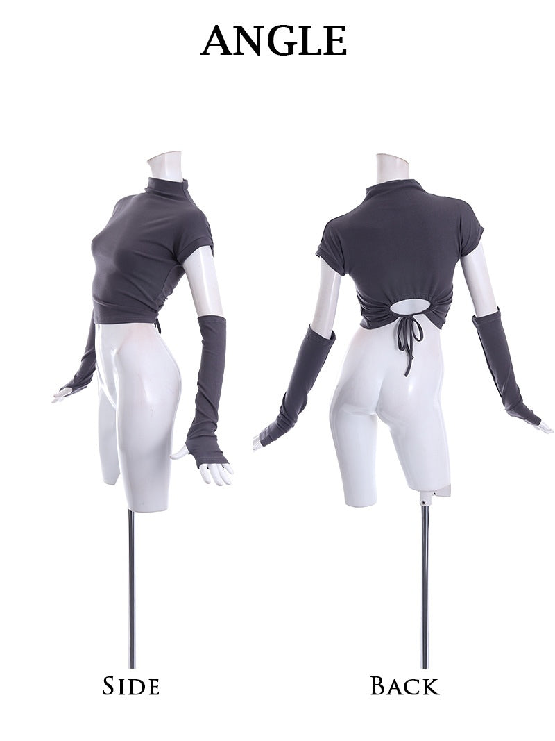 ボムシェル bombshell 長袖カットソー 無地 アームウォーマー付き バックカット 半袖 Tシャツ 背中見せ セクシー カットソー 無地インポート ちびT Bbomb