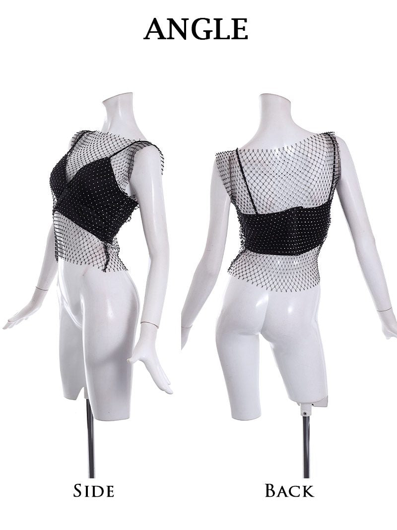 ボムシェル bombshell キャミソール・タンクトップ メッシュ カットソー ノースリーブ 2点セット ラインストーン インポート SEXY ダンス衣装 ダンサー シースルー bombsh