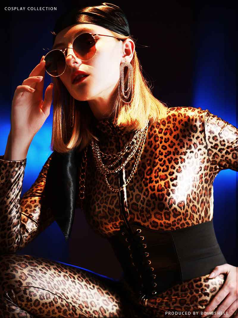 ボムシェル bombshell オールインワンサロペット レオパード 全身スーツ 仮装 コスチューム ハロウィン クール ダンス衣装 合皮 派手柄 猫 bombshell