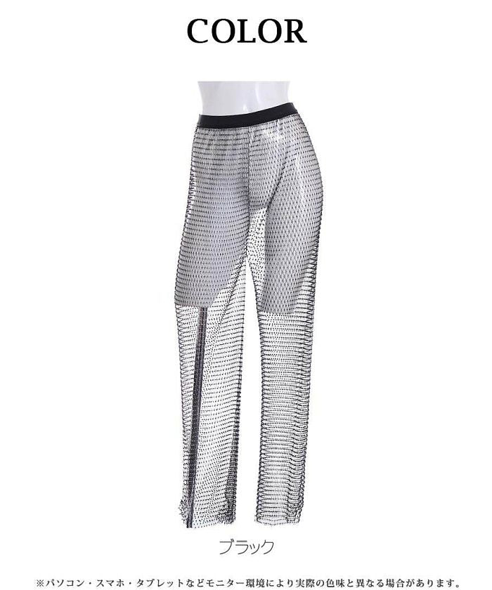 ボムシェル bombshell ボトムス ラインストーン メッシュ シースルー ワイドパンツ キラキラ ステージ衣装 インポート 海外 ビジュー 透け感 bombshell