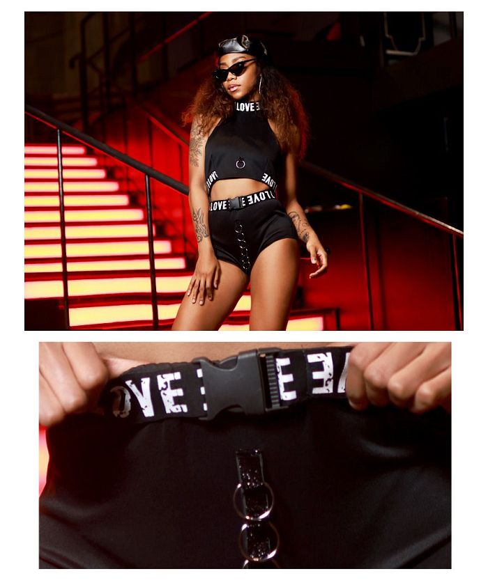 ボムシェル bombshell セットアップ 黒 セットアップ ブルマ インポート へそ出し フェス 英字ロゴ 3点セット 海外ガール ダンサー bombshell