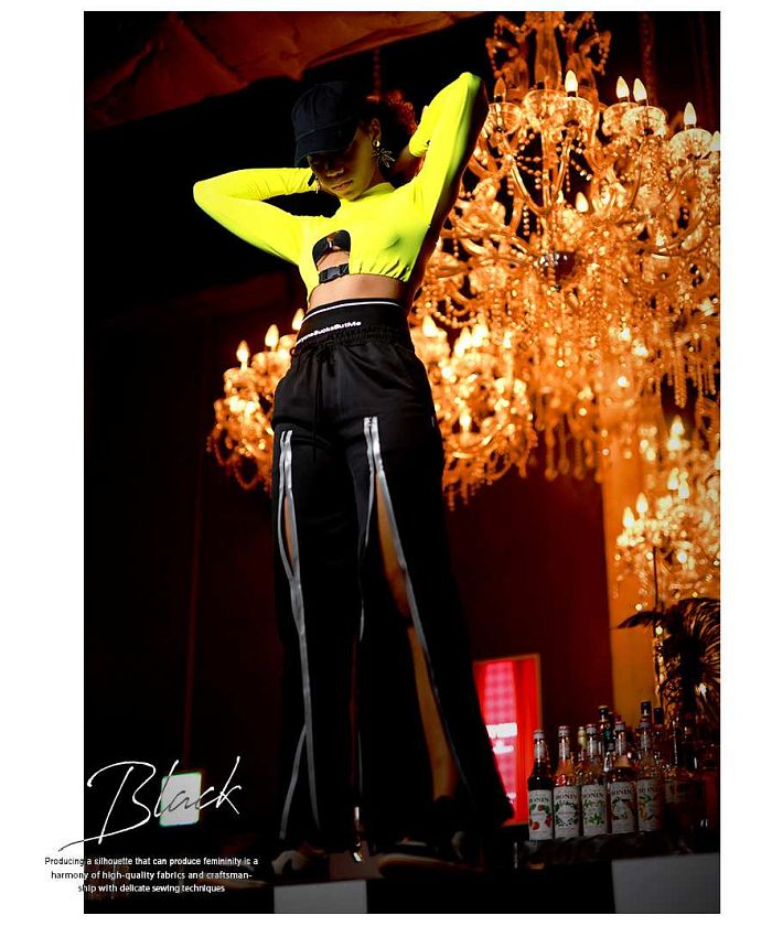 Bombshell pants・sarouel pants shining import fluorescent pants eye-catching reflector slit elastic waist overseas fashion dance costume noticeable bombshell