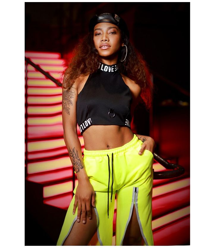 Bombshell pants・sarouel pants shining import fluorescent pants eye-catching reflector slit elastic waist overseas fashion dance costume noticeable bombshell