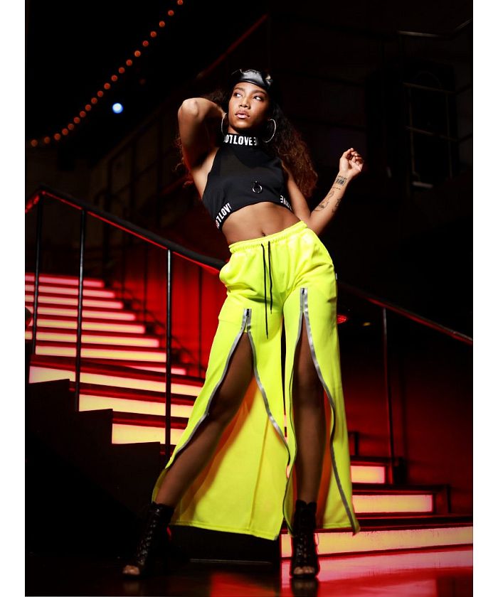 Bombshell pants・sarouel pants shining import fluorescent pants eye-catching reflector slit elastic waist overseas fashion dance costume noticeable bombshell