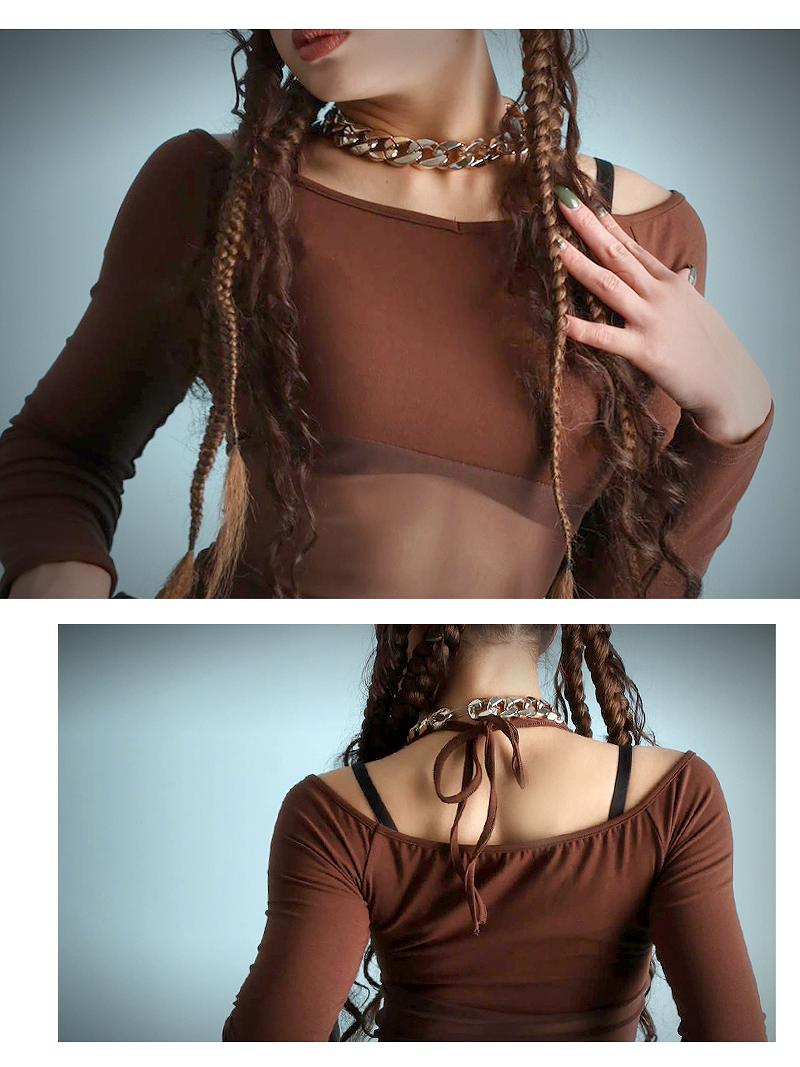 ボムシェル bombshell 長袖カットソー Y2K ギャルファッション 無地 メッシュトップス オフショル おしゃれTシャツ ホルターネック 平成ギャル GAL 長袖 Bbomb