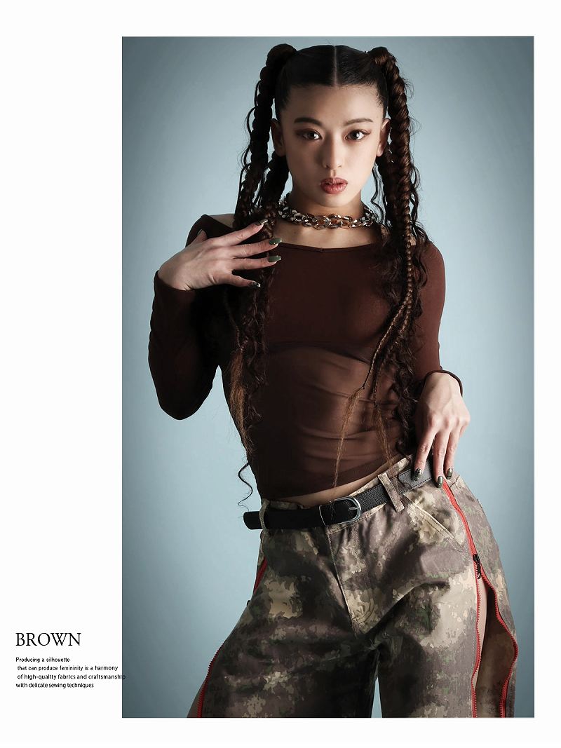 ボムシェル bombshell 長袖カットソー Y2K ギャルファッション 無地 メッシュトップス オフショル おしゃれTシャツ ホルターネック 平成ギャル GAL 長袖 Bbomb