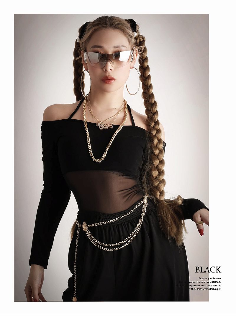 ボムシェル bombshell 長袖カットソー Y2K ギャルファッション 無地 メッシュトップス オフショル おしゃれTシャツ ホルターネック 平成ギャル GAL 長袖 Bbomb