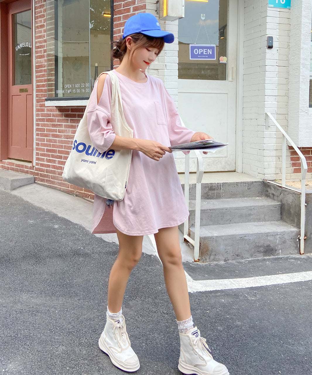 Ad Thie Off-Shoulder Round Hem Big Silhouette T-Shirt Top Hem Round Off-Shoulder Open Shoulder Plain Slit Big Pocket Loose Short Sleeve Spring Summer
