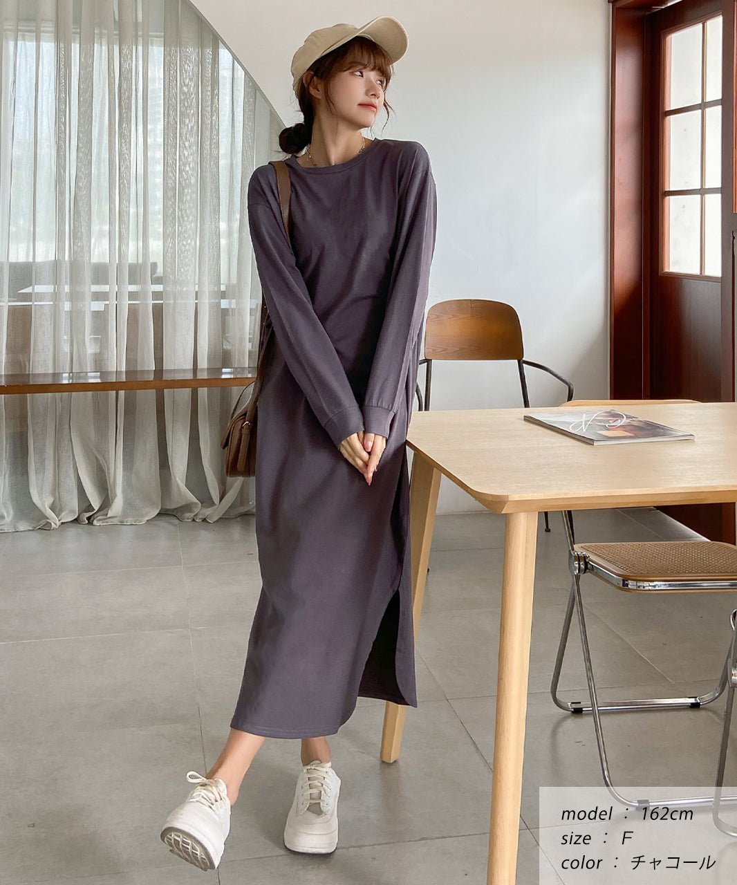 アドティエ ad thie サイドスリットTシャツワンピース,チャコール