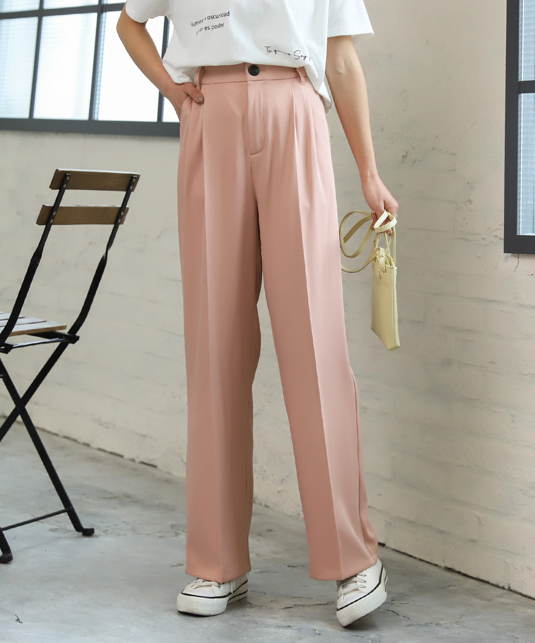 Adthie Straight Pants Center Press Tuck Color Pocket Back Elastic Spring Clothes Spring