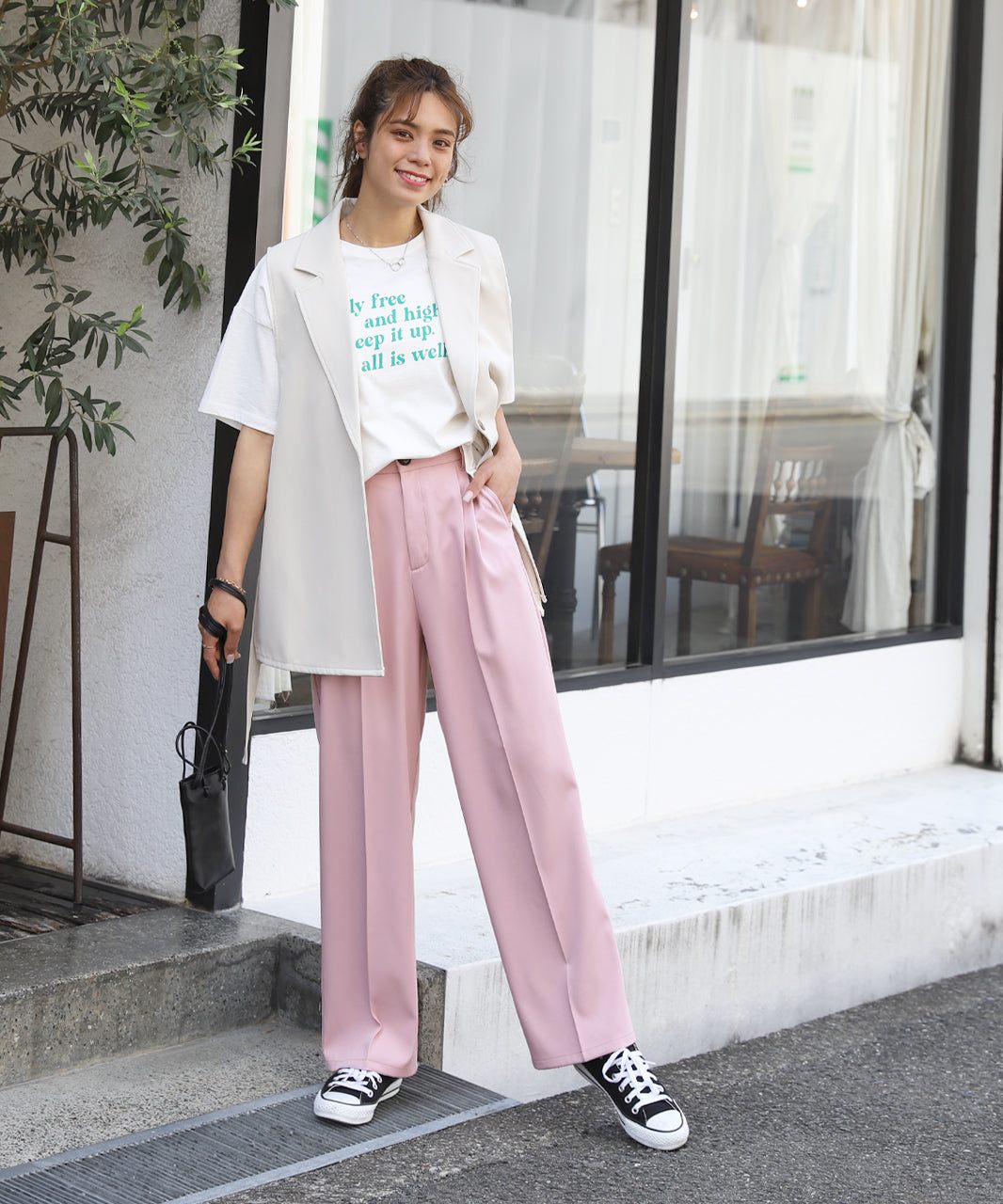 アドティエ ad thie ストレートパンツ センタープレス タック カラー ポケット 後ろゴム 春服 春 （サーモンピンク） サーモンピンク