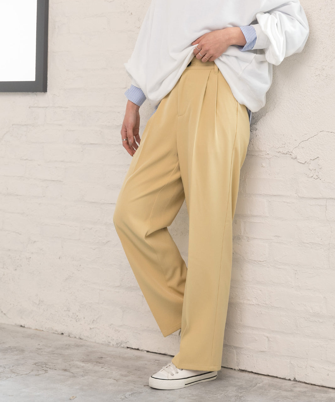 Adthie Straight Pants Center Press Tuck Color Pocket Back Elastic Spring Clothes Spring