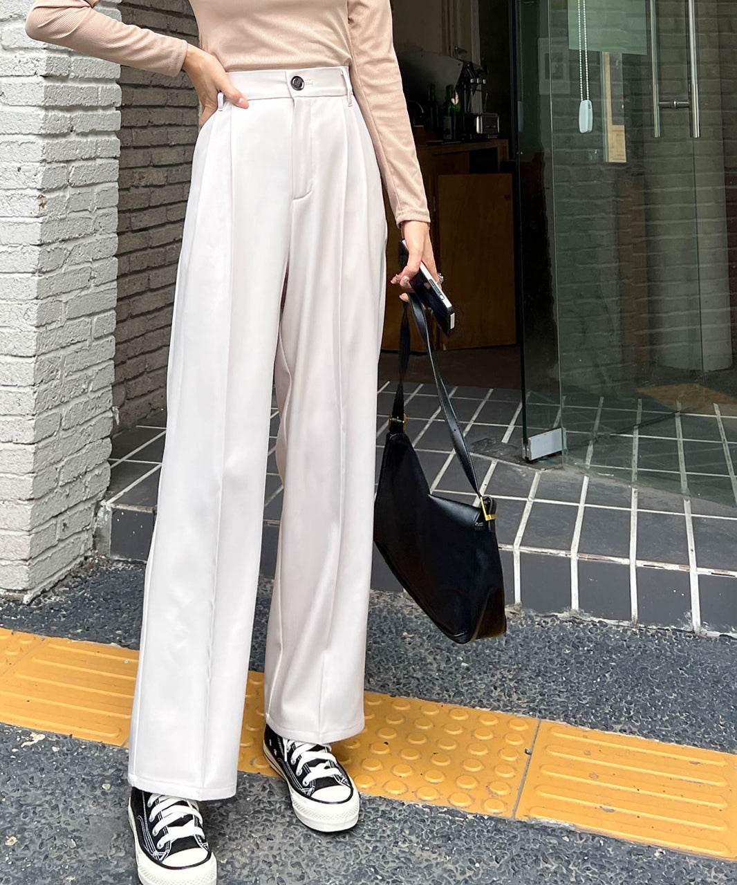 Adthie Straight Pants Center Press Tuck Color Pocket Back Elastic Spring Clothes Spring