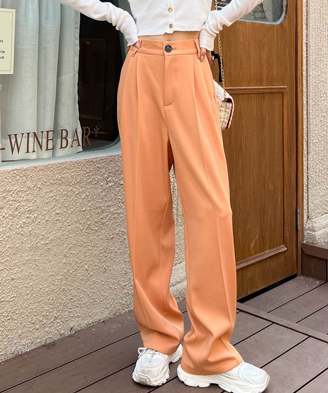 Adthie Straight Pants Center Press Tuck Color Pocket Back Elastic Spring Clothes Spring