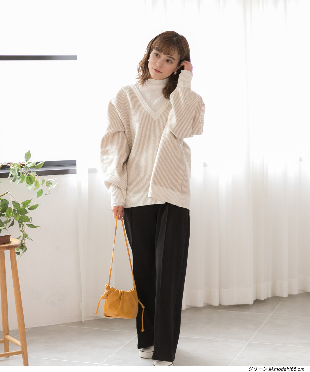 Adthie Stripe Knit V-Neck Rib Loose Fit Bicolor Volume Sleeve