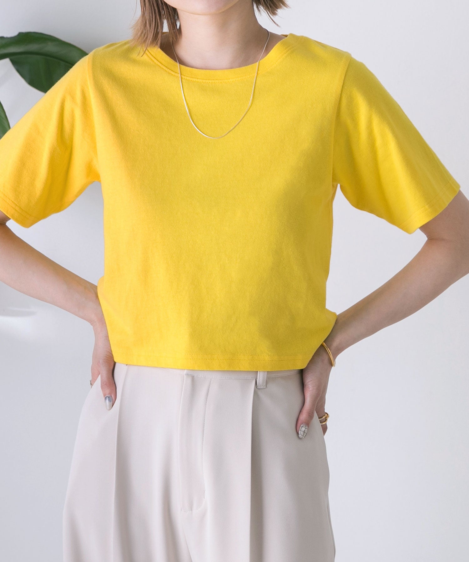 アドティエ ad thie シンプル無地 ボーダー ショート丈ミニTシャツ （イエロー（無地）） イエロー（無地）
