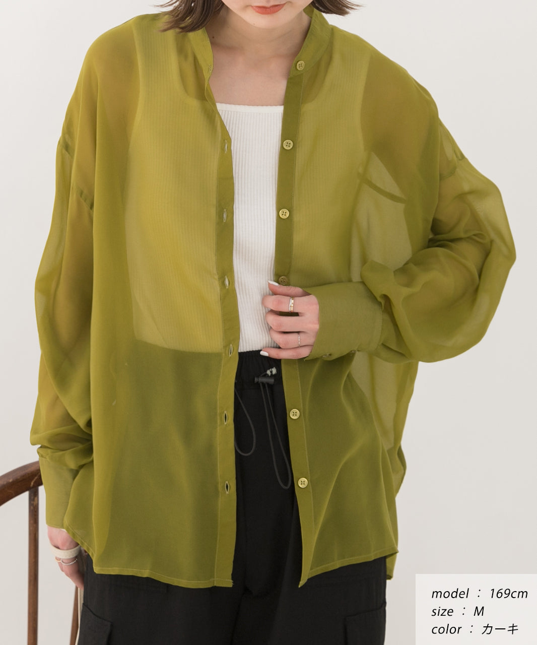 アドティエ ad thie バンドカラー シアーシャツ （カーキ） カーキ
