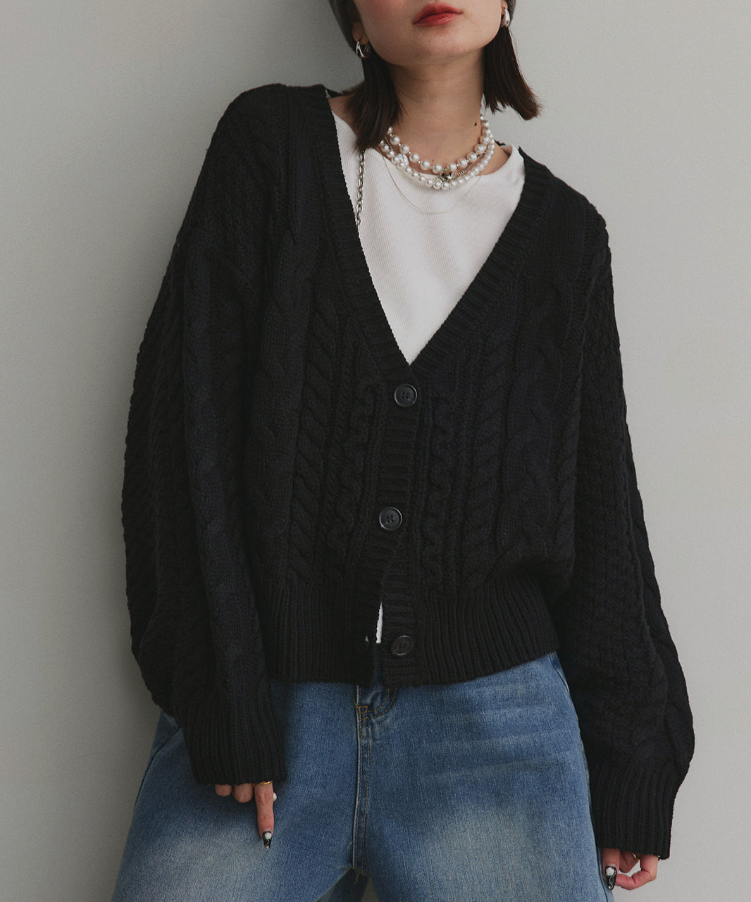 アドティエ ad thie 袖ボリュームざっくりVネックニットカーディガン （ダークグリーン） ダークグリーン