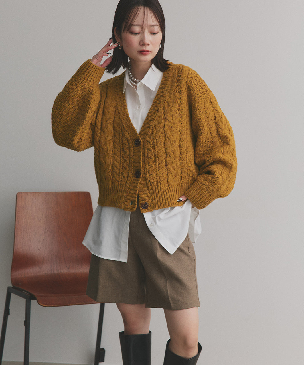 アドティエ ad thie 袖ボリュームざっくりVネックニットカーディガン （ダークグリーン） ダークグリーン