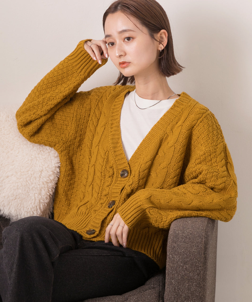 アドティエ ad thie 【2023AW新作】ボリュームスリーブ ケーブルニットカーディガン （アイボリー） アイボリー