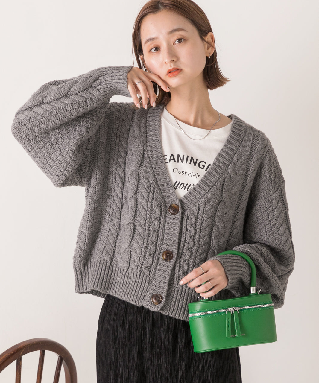 アドティエ ad thie 【2023AW新作】ボリュームスリーブ ケーブルニットカーディガン （アイボリー） アイボリー