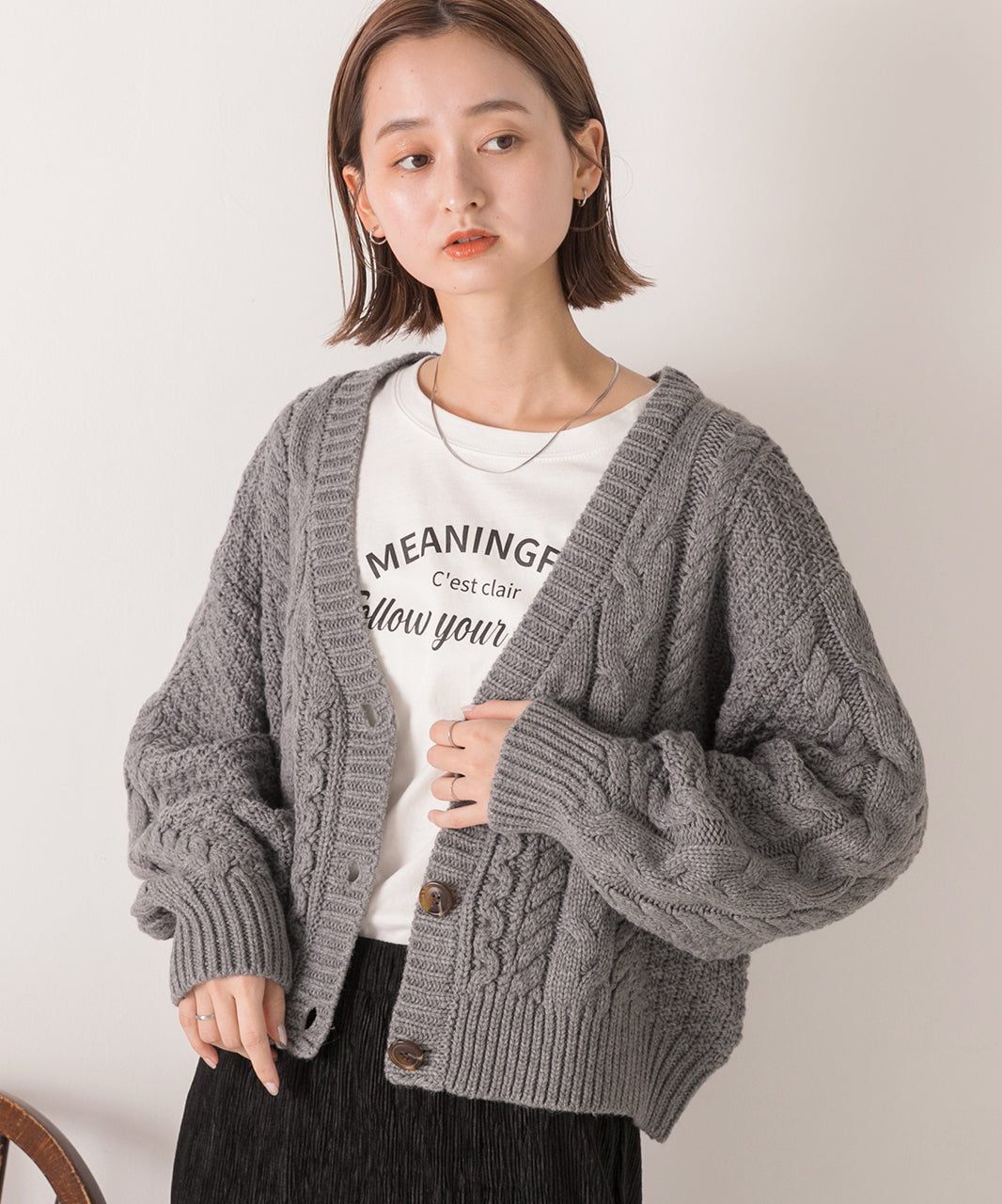 アドティエ ad thie 【2023AW新作】ボリュームスリーブ ケーブルニットカーディガン （アイボリー） アイボリー