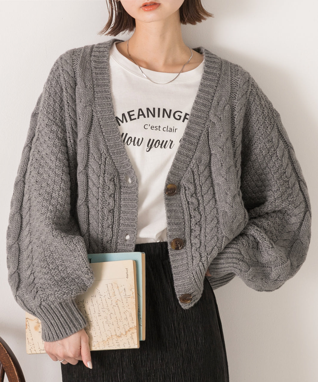 アドティエ ad thie 【2023AW新作】ボリュームスリーブ ケーブルニットカーディガン （グレー） グレー