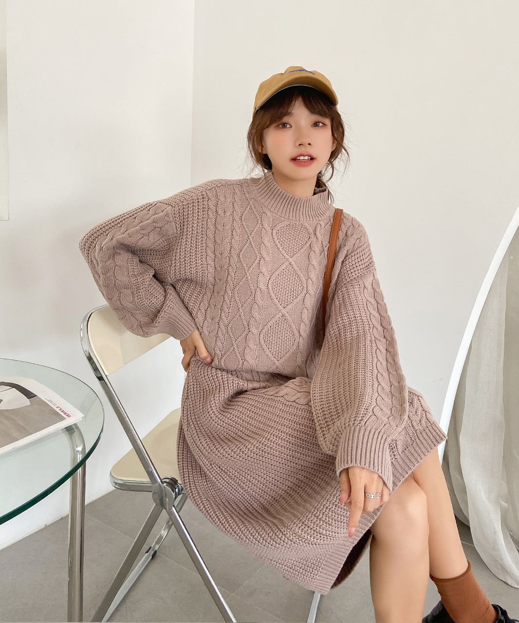 アドティエ ad thie プチハイネックニットセットアップ ニット セットアップ ケーブル ハイネック 長袖 レディース 2点セット ニットスカート （ライトグレー） ライトグレー