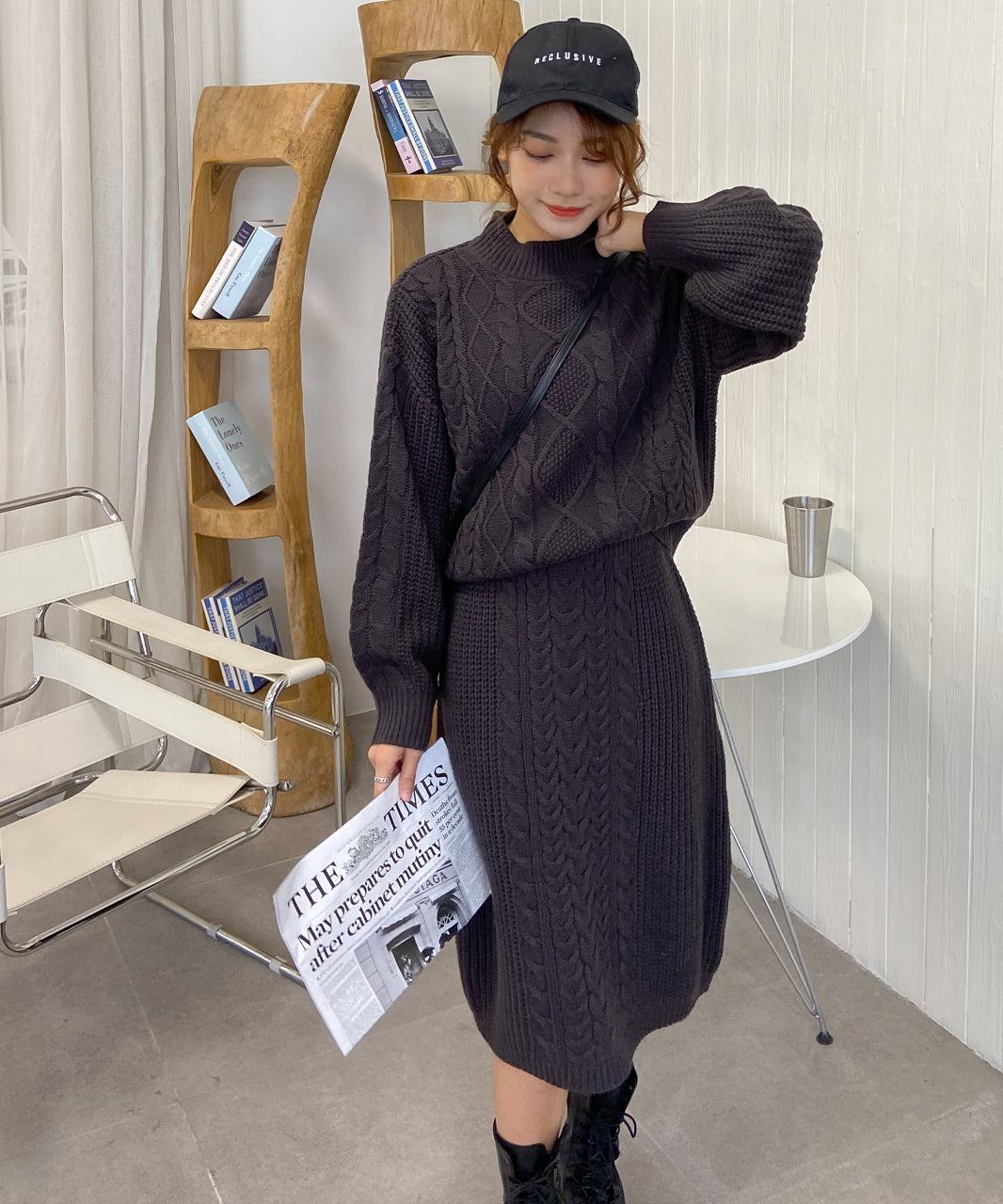 アドティエ ad thie プチハイネックニットセットアップ ニット セットアップ ケーブル ハイネック 長袖 レディース 2点セット ニットスカート （ライトグレー） ライトグレー