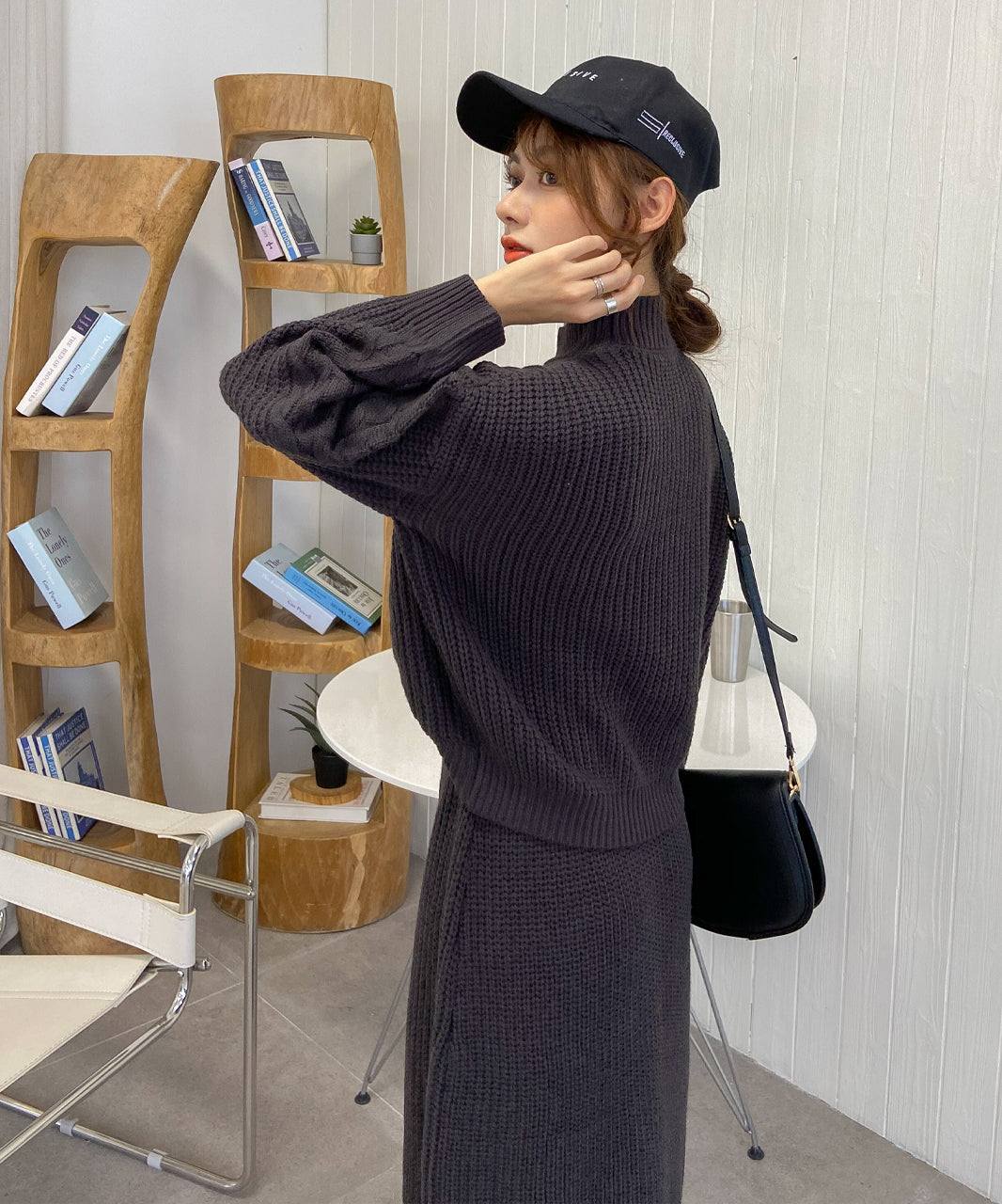 アドティエ ad thie プチハイネックニットセットアップ ニット セットアップ ケーブル ハイネック 長袖 レディース 2点セット ニットスカート （ライトグレー） ライトグレー