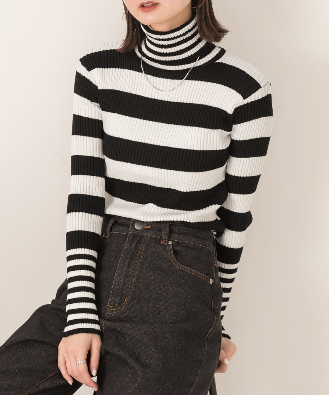 アドティエ ad thie ハイネック ランダムボーダーリブニット （グリーン） グリーン