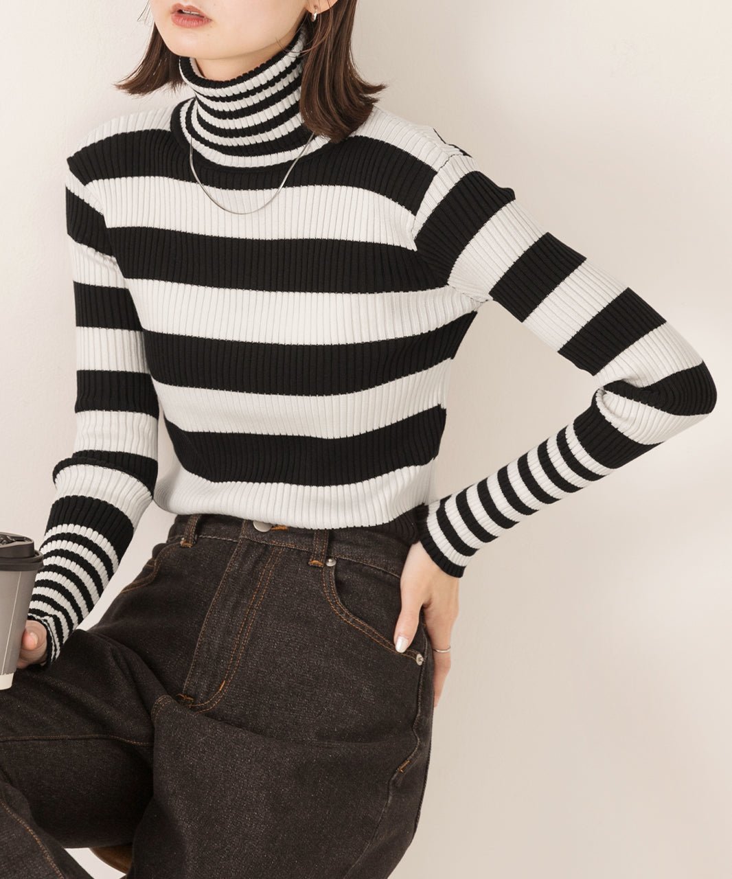 アドティエ ad thie ハイネック ランダムボーダーリブニット （グリーン） グリーン