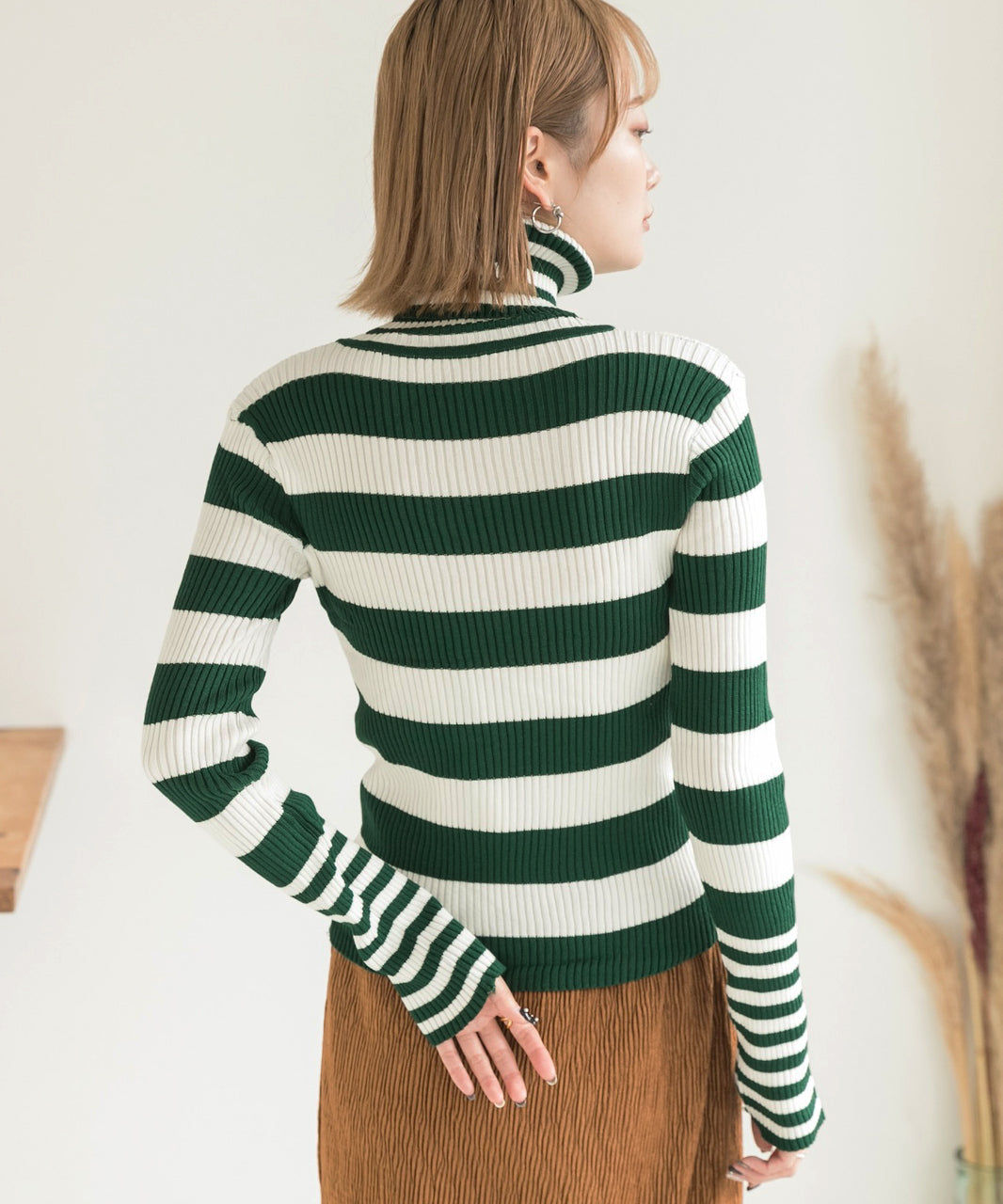 アドティエ ad thie ハイネック ランダムボーダーリブニット （グリーン） グリーン