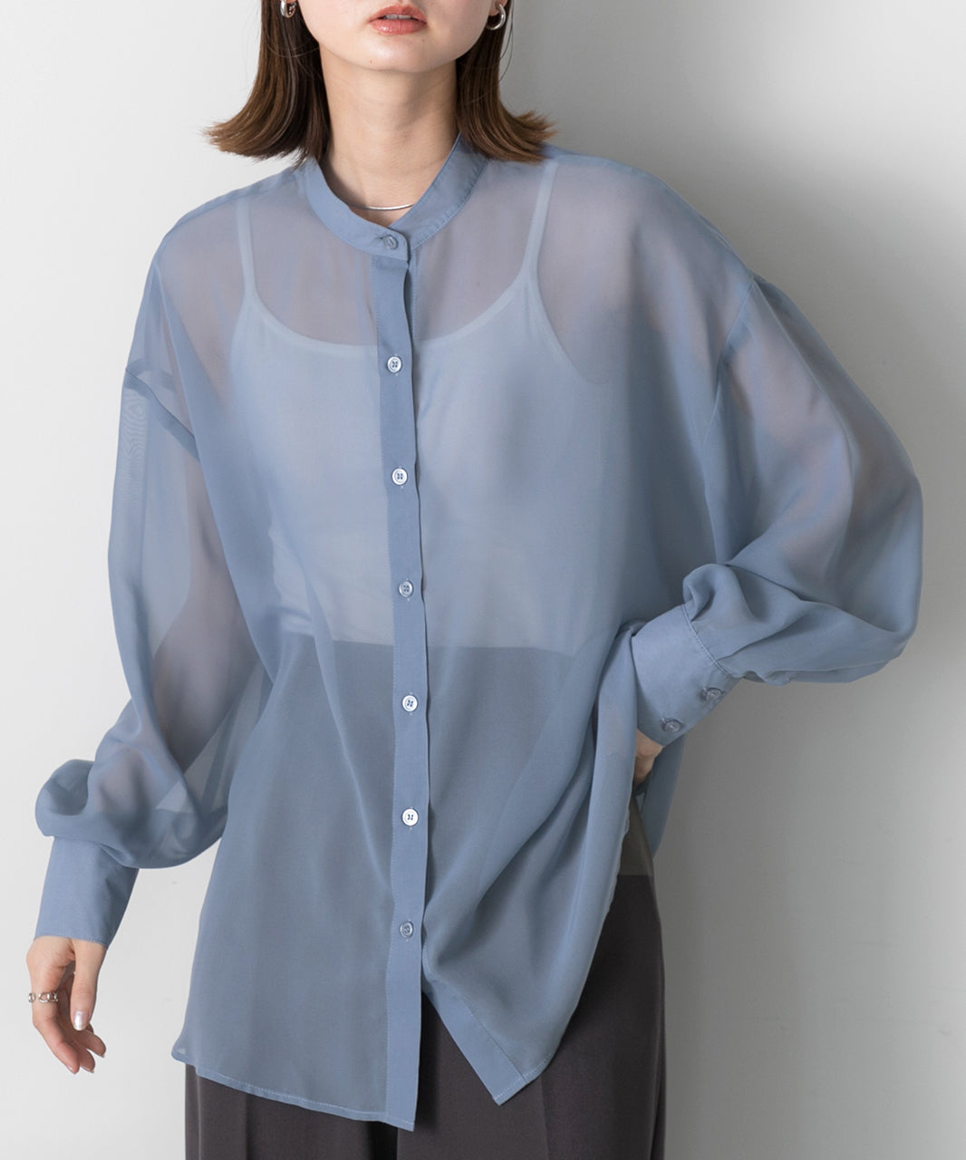 Adthie ad thie 【2024SS New Collection】 Band Collar Oversized Sheer Shirt
