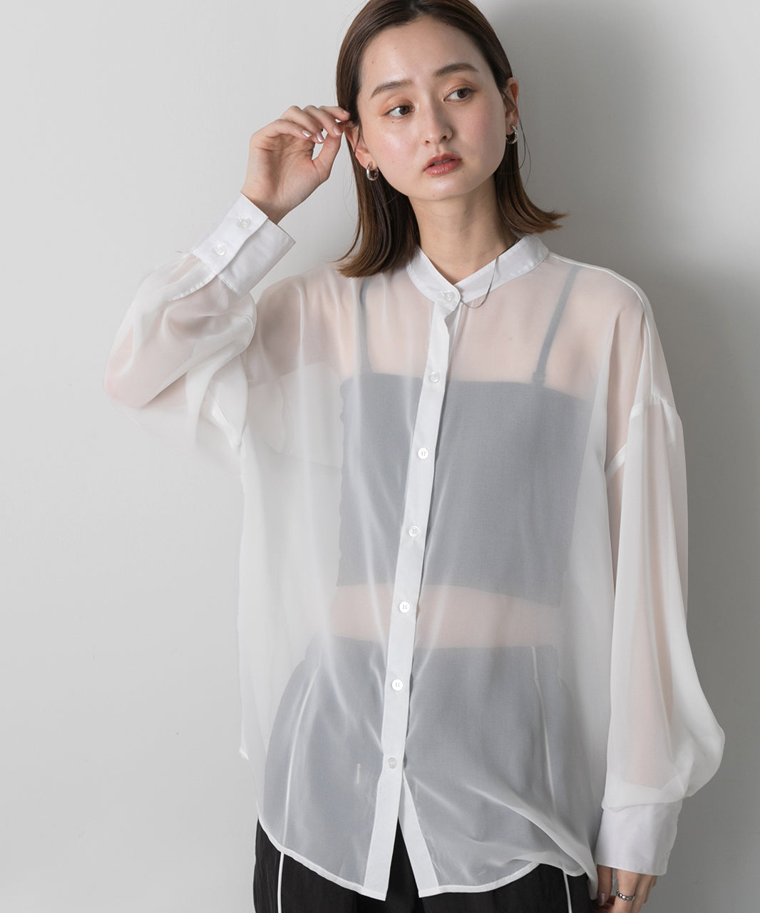 Adthie ad thie 【2024SS New Collection】 Band Collar Oversized Sheer Shirt