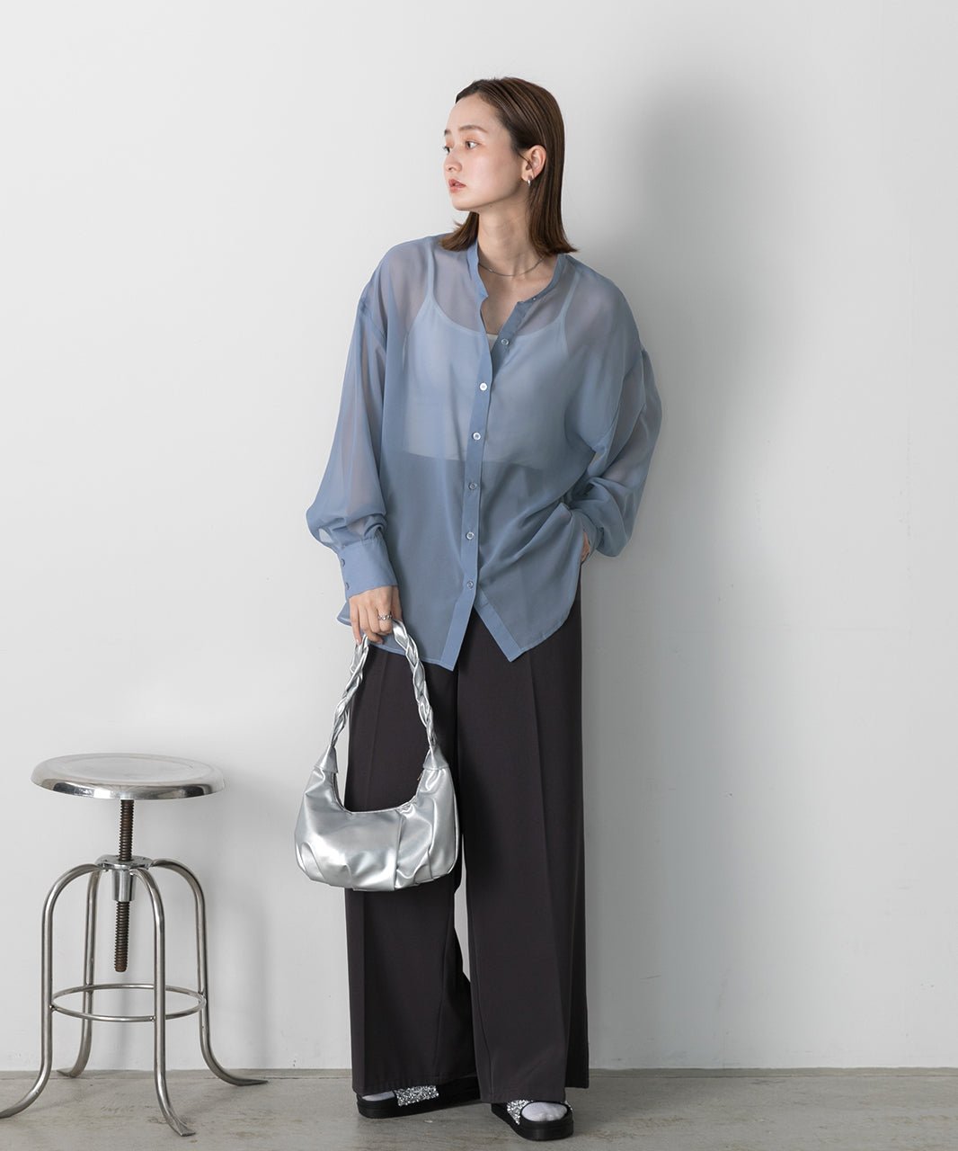 Adthie ad thie 【2024SS New Collection】 Band Collar Oversized Sheer Shirt