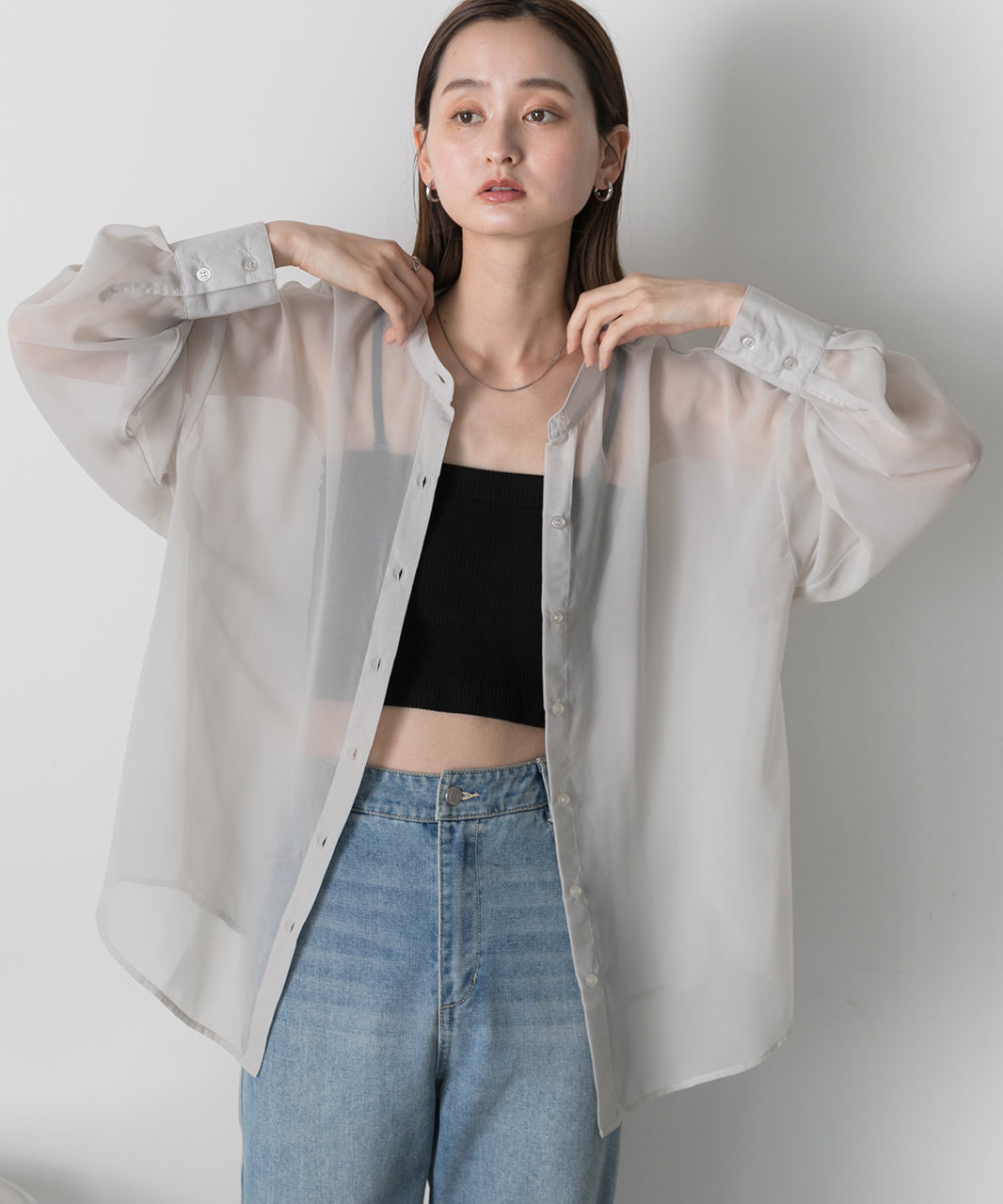 Adthie ad thie 【2024SS New Collection】 Band Collar Oversized Sheer Shirt