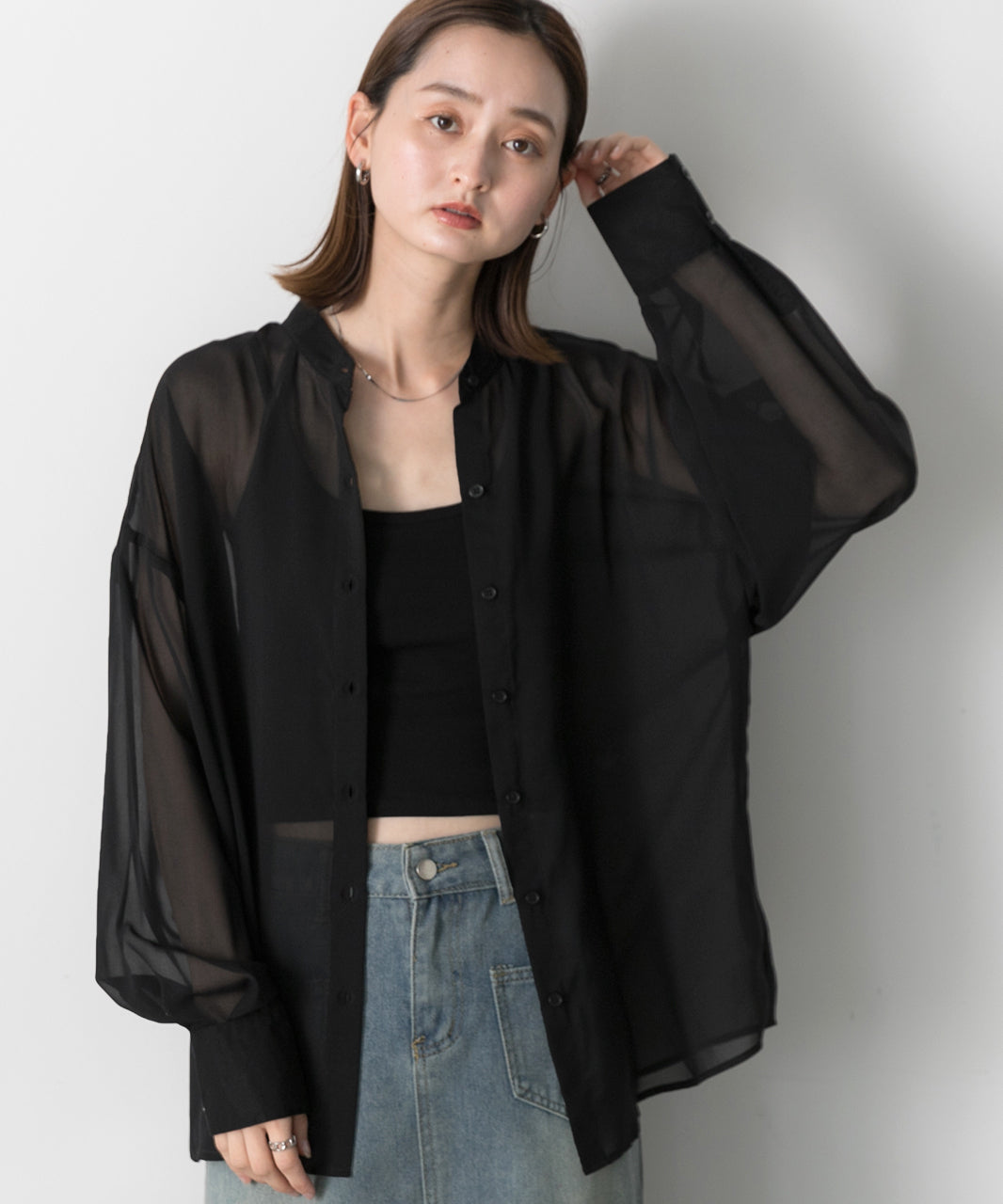 Adthie ad thie 【2024SS New Collection】 Band Collar Oversized Sheer Shirt