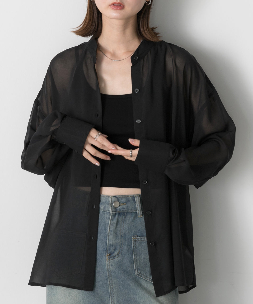 Adthie ad thie 【2024SS New Collection】 Band Collar Oversized Sheer Shirt