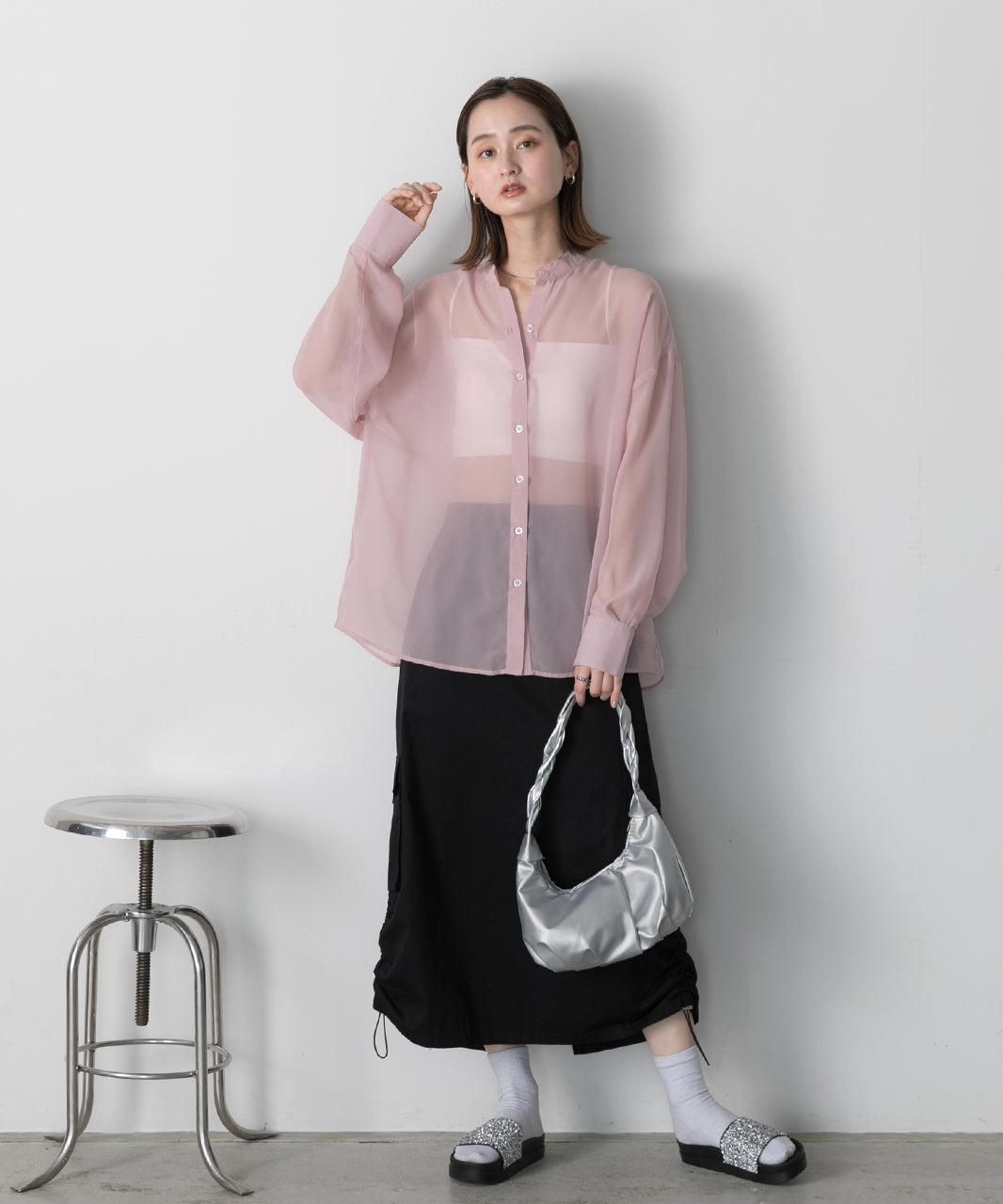 Adthie ad thie 【2024SS New Collection】 Band Collar Oversized Sheer Shirt