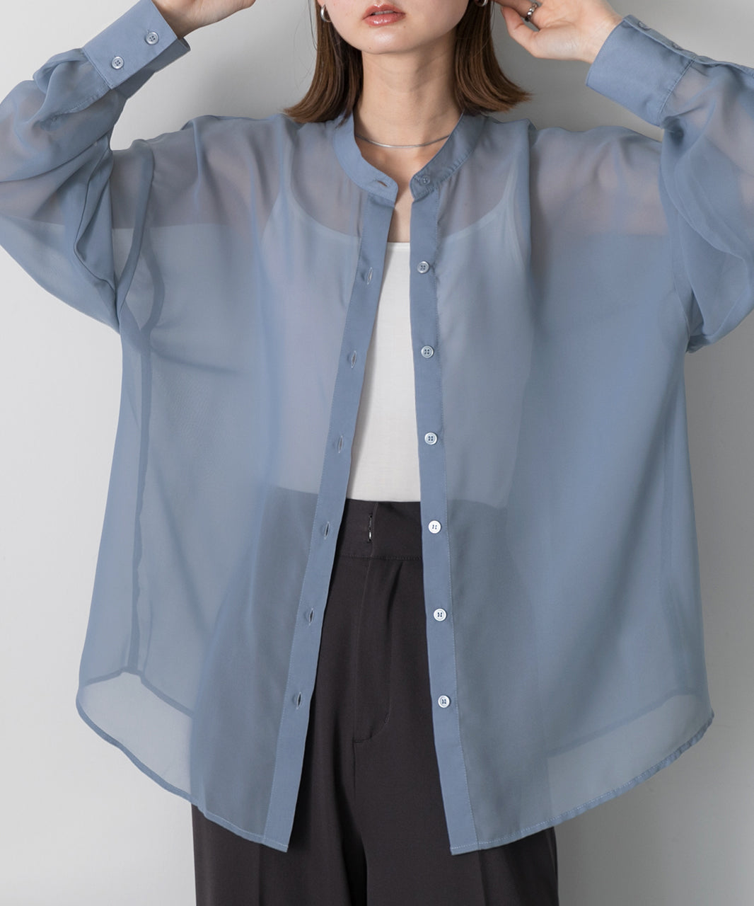 Adthie ad thie 【2024SS New Collection】 Band Collar Oversized Sheer Shirt