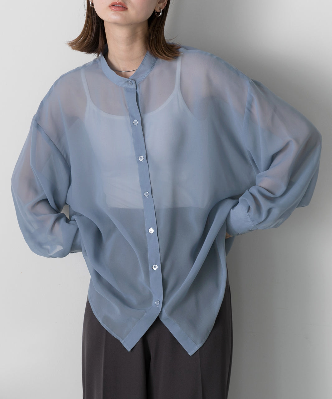 Adthie ad thie 【2024SS New Collection】 Band Collar Oversized Sheer Shirt