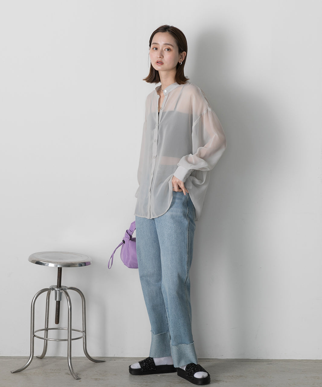 Adthie ad thie 【2024SS New Collection】 Band Collar Oversized Sheer Shirt