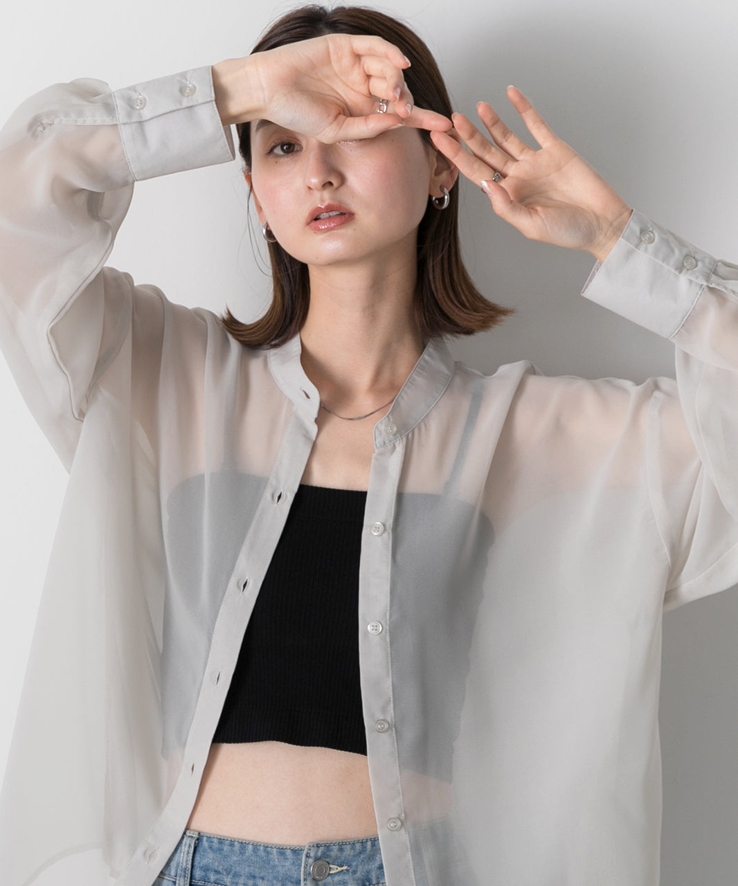 Adthie ad thie 【2024SS New Collection】 Band Collar Oversized Sheer Shirt