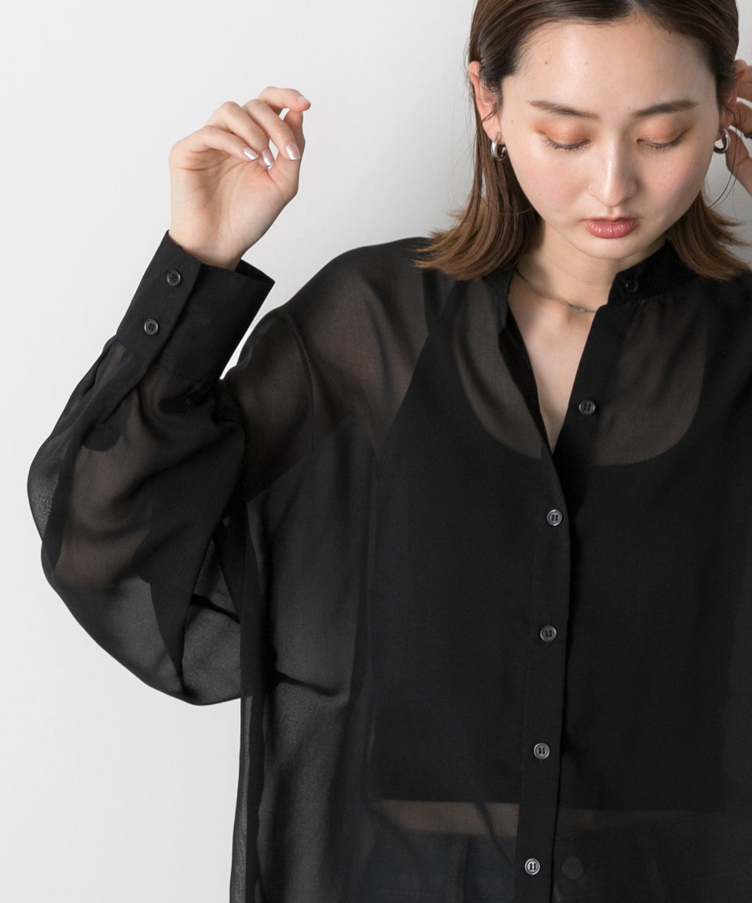 Adthie ad thie 【2024SS New Collection】 Band Collar Oversized Sheer Shirt