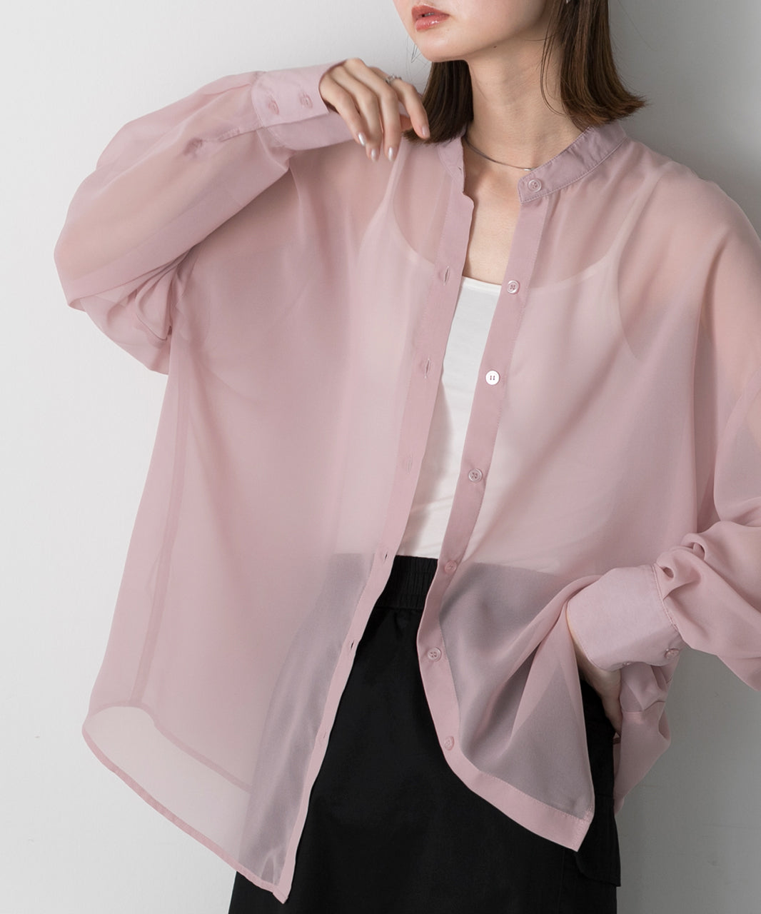 Adthie ad thie 【2024SS New Collection】 Band Collar Oversized Sheer Shirt