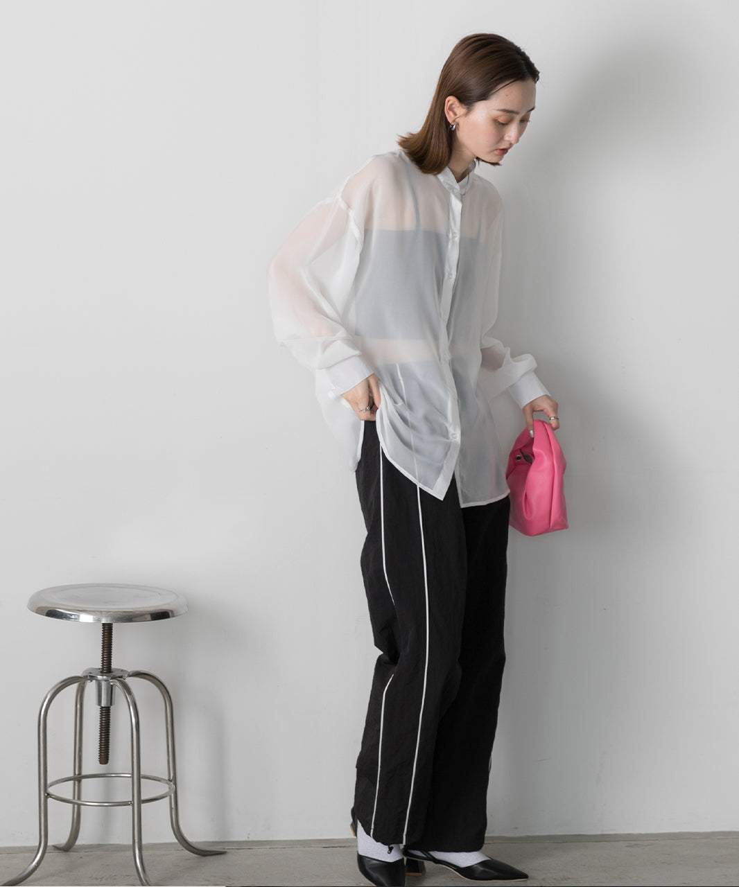 Adthie ad thie 【2024SS New Collection】 Band Collar Oversized Sheer Shirt